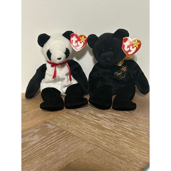 Lot Of 2 TY Beanie Babies Black White Fortune & Black End Plushy Stuffed Animal - Picture 4 of 10